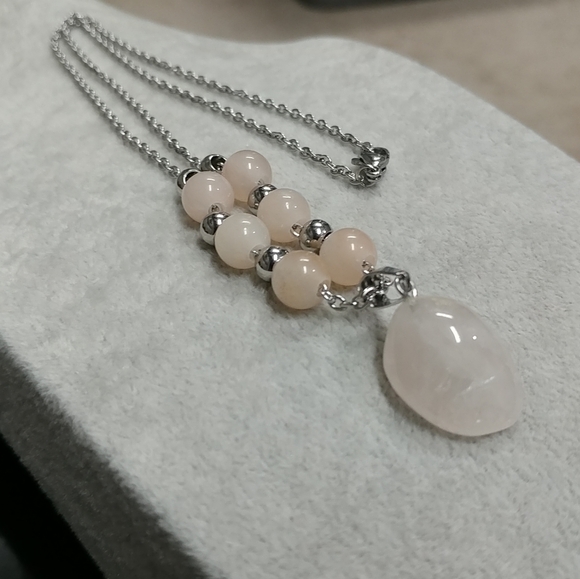 Peach Aventurine Rose Quartz Necklace Natural Gemstone Pendant Stainless-Steel - Picture 10 of 15